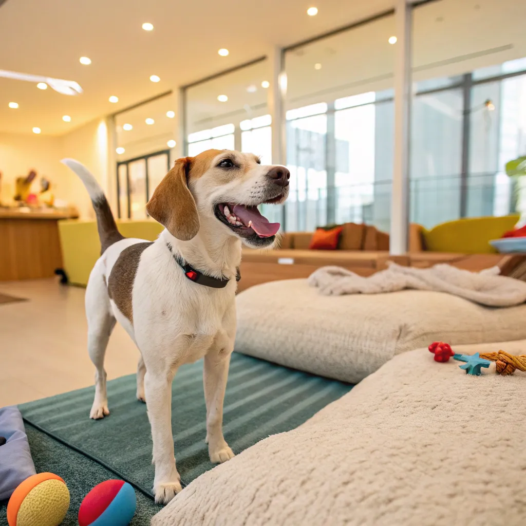 Smiling dog at pet hotel
